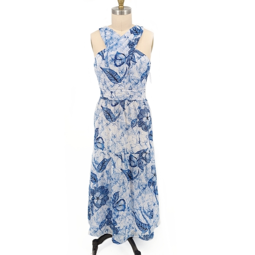 NEW WHBM Floral Halter Midi Dress Blue 12 cocktail wedding party preppy classic